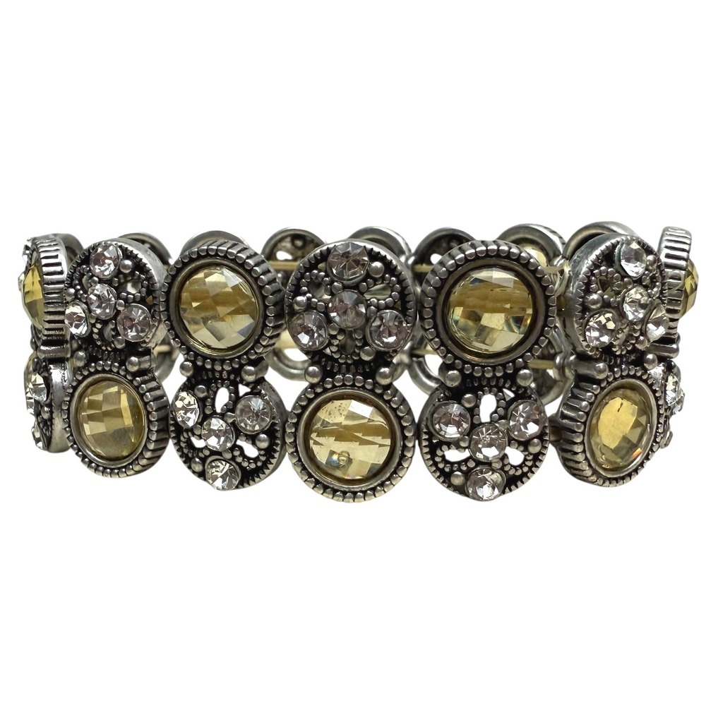 Silver Tone Yellow Rhinestone Stretch Bracelet Womens Fashion Jewelry Sz 7.5